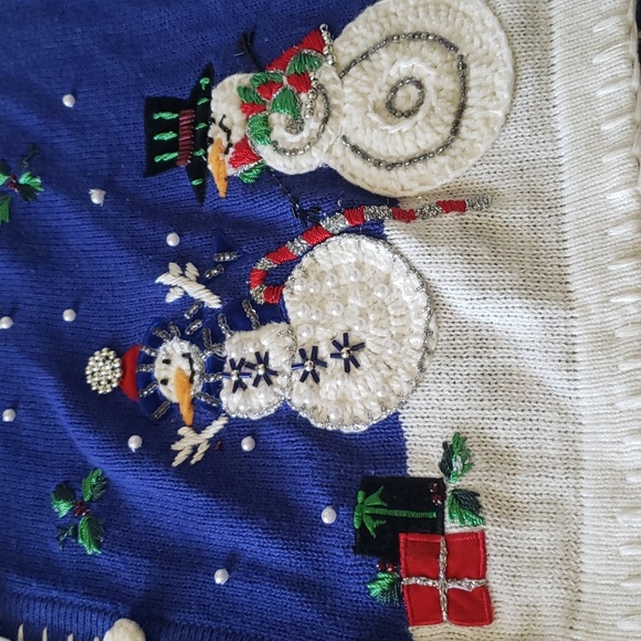 OHI Christmas Blue Sweater Beaded Snowman Snowflakes Detachable Fur Collar Sz XL - Picture 14 of 17